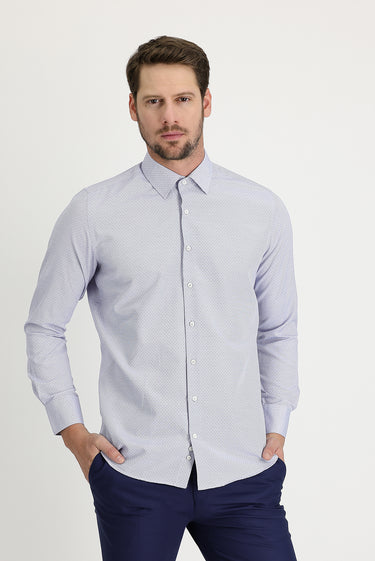 Lacivert Uzun Kol Slim Fit Dar Kesim Desenli Gömlek