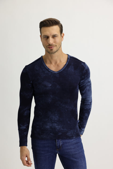 Lacivert V Yaka Batik Desenli Sweatshirt