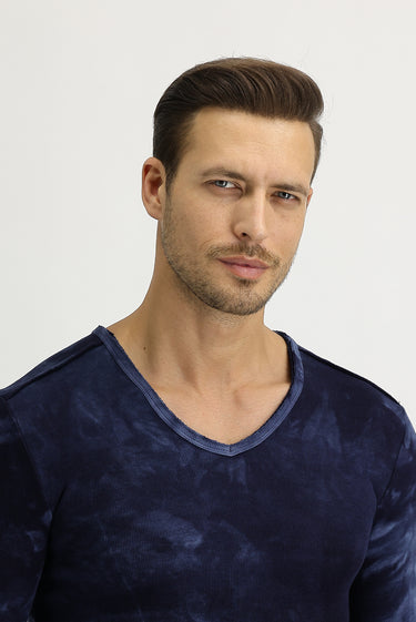 Lacivert V Yaka Batik Desenli Sweatshirt