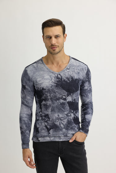 Antrasit V Yaka Batik Desenli Pamuklu Sweatshirt