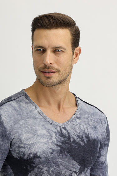 Antrasit V Yaka Batik Desenli Pamuklu Sweatshirt