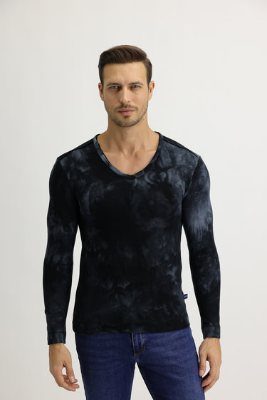 Koyu Yesil V Yaka Batik Desenli Sweatshirt