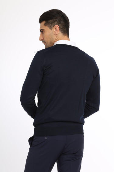 Lacivert V Yaka Regular Fit Yünlü Triko Kazak