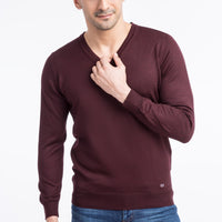 Burgundy V-Neck Regular Fit Wool Knit Sweater