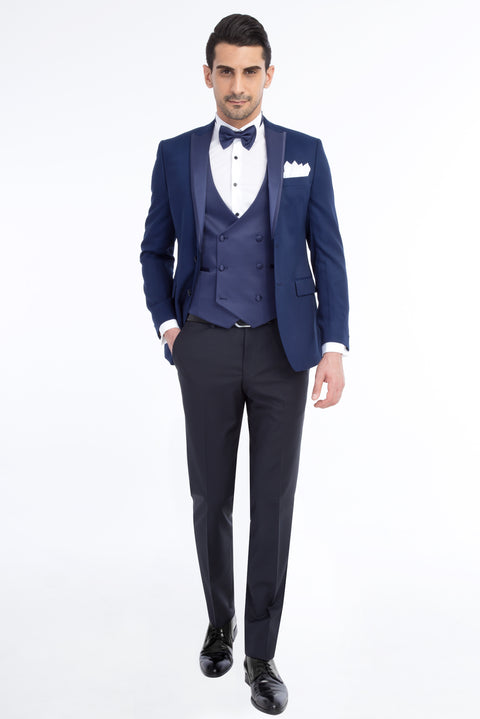 Lacivert 7 Drop Slim Fit Dar Kesim Desenli Yelekli Smokin & Damatlık