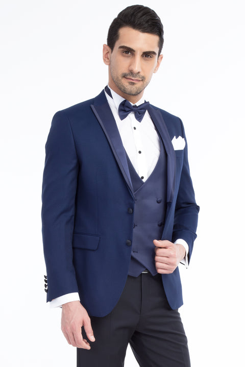 Lacivert 7 Drop Slim Fit Dar Kesim Desenli Yelekli Smokin & Damatlık