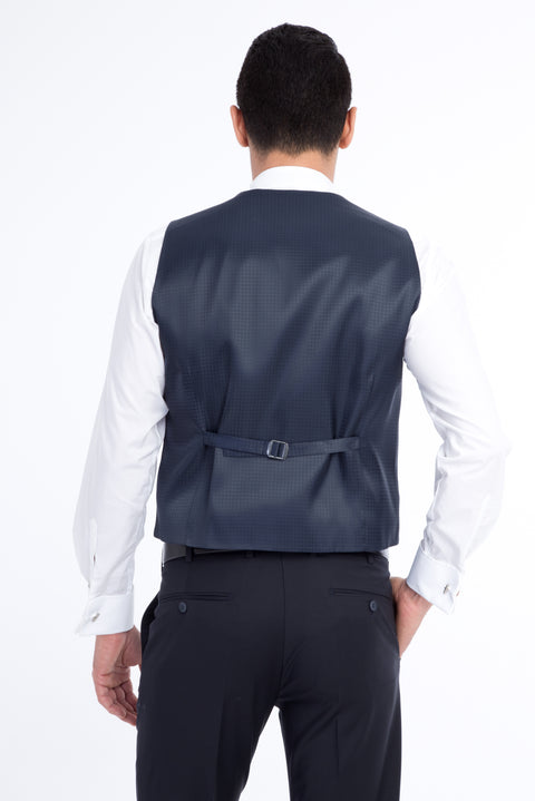 Lacivert 7 Drop Slim Fit Dar Kesim Desenli Yelekli Smokin & Damatlık