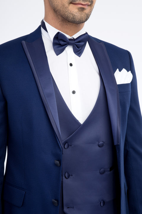 Lacivert 7 Drop Slim Fit Dar Kesim Desenli Yelekli Smokin & Damatlık