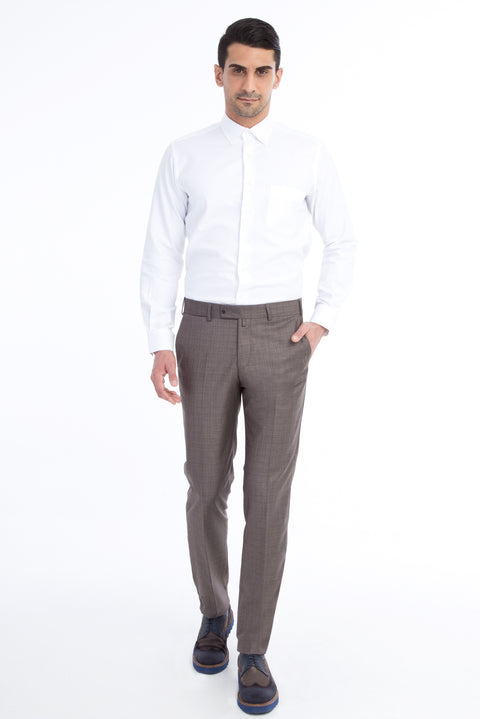 Kahve 7 Drop Slim Fit Dar Kesim Ekose Klasik Kumaş Pantolon