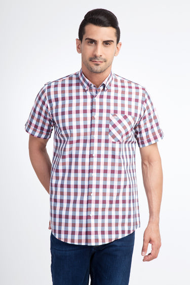 Bordo Kısa Kol Regular Fit Ekose Pamuk Gömlek
