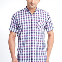Purple Short Sleeve Regular Fit Plaid Cotton Shirt