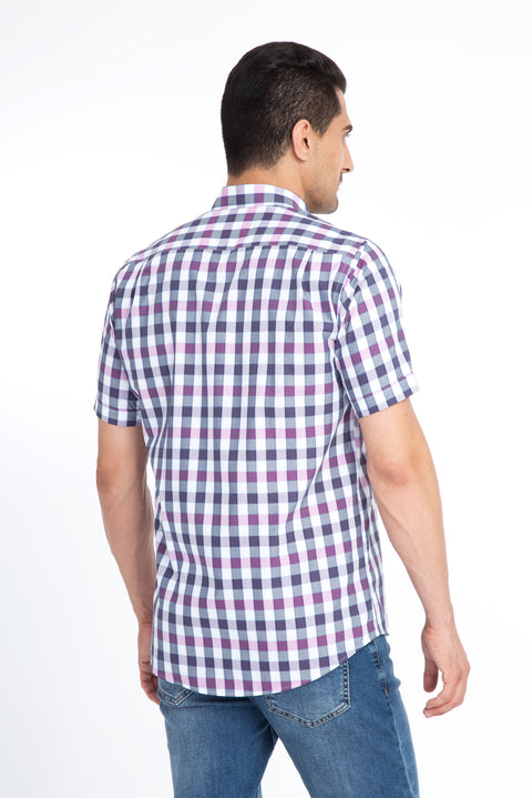 Purple Short Sleeve Regular Fit Plaid Cotton Shirt