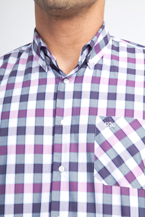 Purple Short Sleeve Regular Fit Plaid Cotton Shirt