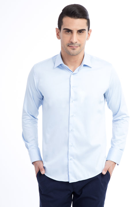 Açık Mavi Uzun Kol Saten Slim Fit Dar Kesim Pamuk Gömlek
