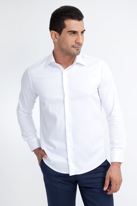 Beyaz Uzun Kol Saten Slim Fit Dar Kesim Pamuk Gömlek