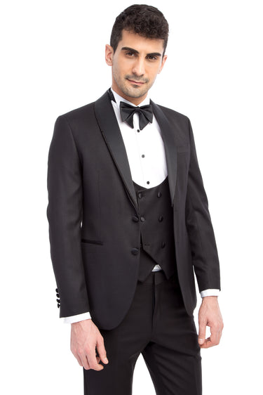 Siyah Slim Fit Dar Kesim Şal Yaka Desenli Yelekli Smokin / Damatlık