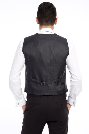 Siyah Slim Fit Dar Kesim Şal Yaka Desenli Yelekli Smokin / Damatlık