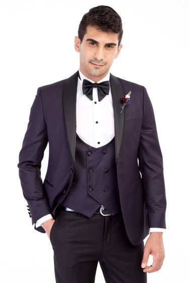 Mor Slim Fit Dar Kesim Şal Yaka Yelekli Smokin / Damatlık