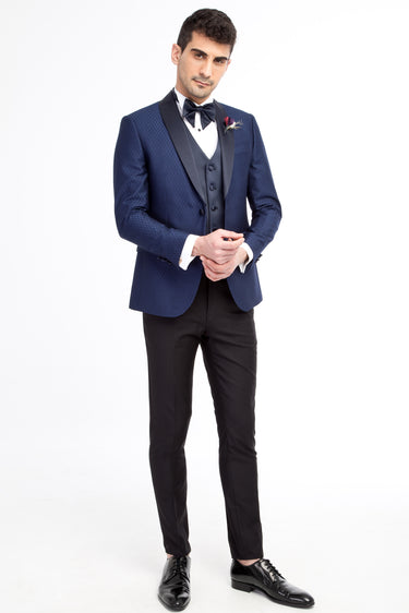 Mavi Slim Fit Dar Kesim Şal Yaka Desenli Yelekli Smokin / Damatlık