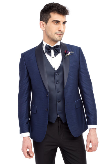 Mavi Slim Fit Dar Kesim Şal Yaka Desenli Yelekli Smokin / Damatlık
