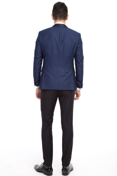 Mavi Slim Fit Dar Kesim Şal Yaka Desenli Yelekli Smokin / Damatlık