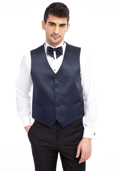 Mavi Slim Fit Dar Kesim Şal Yaka Desenli Yelekli Smokin / Damatlık