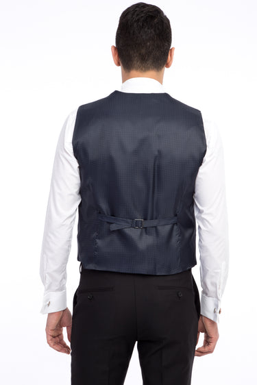 Mavi Slim Fit Dar Kesim Şal Yaka Desenli Yelekli Smokin / Damatlık