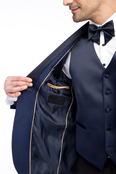 Mavi Slim Fit Dar Kesim Şal Yaka Desenli Yelekli Smokin / Damatlık