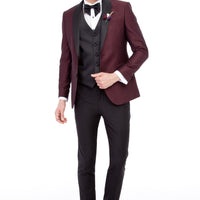 Bordo Slim Fit Dar Kesim Şal Yaka Desenli Yelekli Smokin / Damatlık