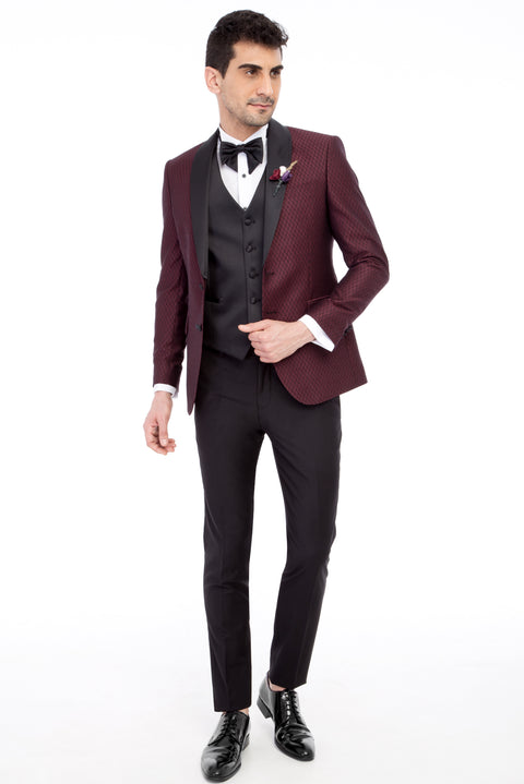 Bordo 7 Drop Slim Fit Dar Kesim Şal Yaka Desenli Yelekli Smokin & Damatlık