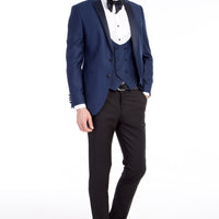Mavi 7 Drop Slim Fit Dar Kesim Mono Yaka Desenli Yelekli Smokin & Damatlık