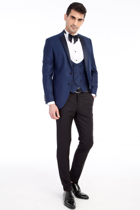 Mavi 7 Drop Slim Fit Dar Kesim Mono Yaka Desenli Yelekli Smokin & Damatlık