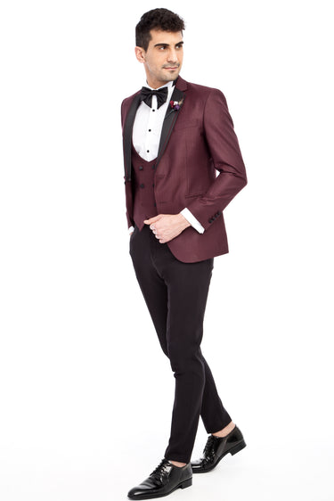 Bordo Slim Fit Dar Kesim Mono Yaka Desenli Yelekli Smokin / Damatlık