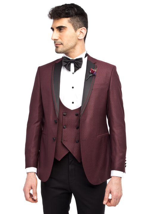 Bordo 7 Drop Slim Fit Dar Kesim Mono Yaka Desenli Yelekli Smokin & Damatlık