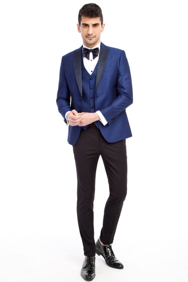 Mavi Slim Fit Dar Kesim Sivri Yaka Desenli Yelekli Smokin / Damatlık