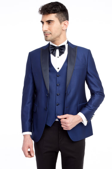 Mavi Slim Fit Dar Kesim Sivri Yaka Desenli Yelekli Smokin / Damatlık