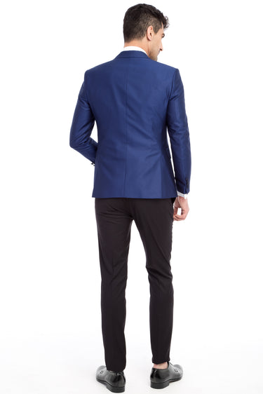Mavi Slim Fit Dar Kesim Sivri Yaka Desenli Yelekli Smokin / Damatlık