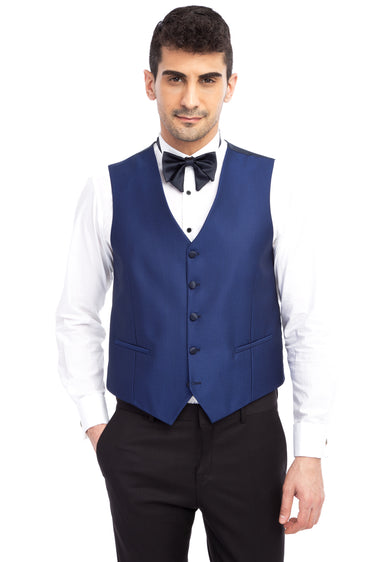 Mavi Slim Fit Dar Kesim Sivri Yaka Desenli Yelekli Smokin / Damatlık