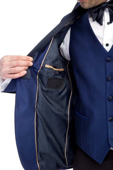 Mavi Slim Fit Dar Kesim Sivri Yaka Desenli Yelekli Smokin / Damatlık