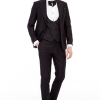 Siyah 7 Drop Slim Fit Dar Kesim Sivri Yaka Desenli Yelekli Smokin & Damatlık