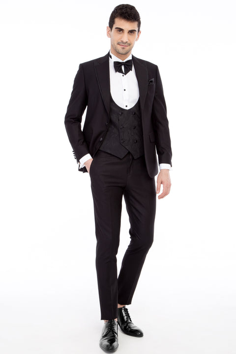 Siyah 7 Drop Slim Fit Dar Kesim Sivri Yaka Desenli Yelekli Smokin & Damatlık