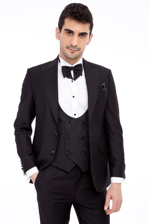Siyah 7 Drop Slim Fit Dar Kesim Sivri Yaka Desenli Yelekli Smokin & Damatlık