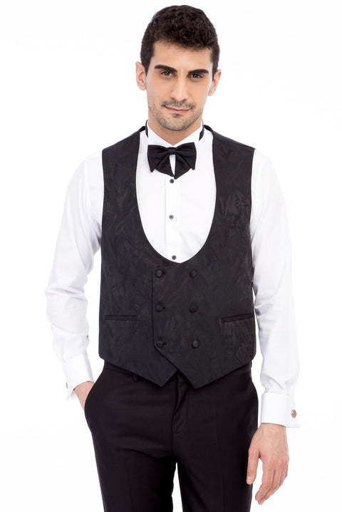 Siyah 7 Drop Slim Fit Dar Kesim Sivri Yaka Desenli Yelekli Smokin & Damatlık