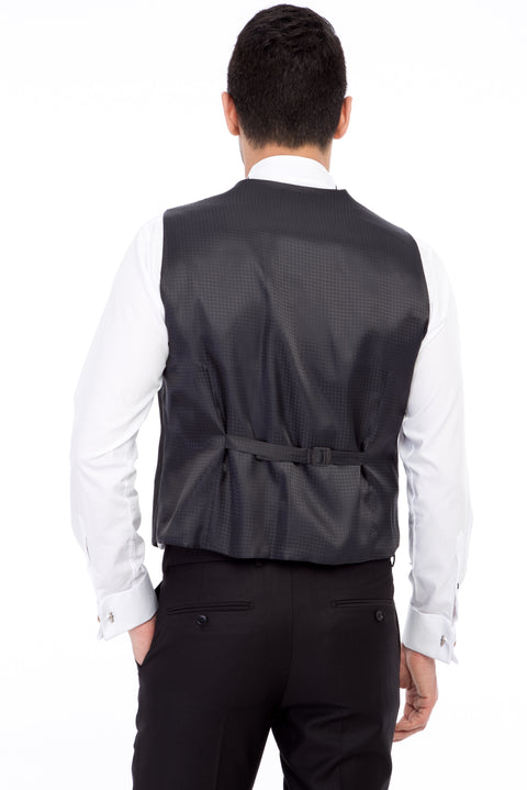 Siyah 7 Drop Slim Fit Dar Kesim Sivri Yaka Desenli Yelekli Smokin & Damatlık