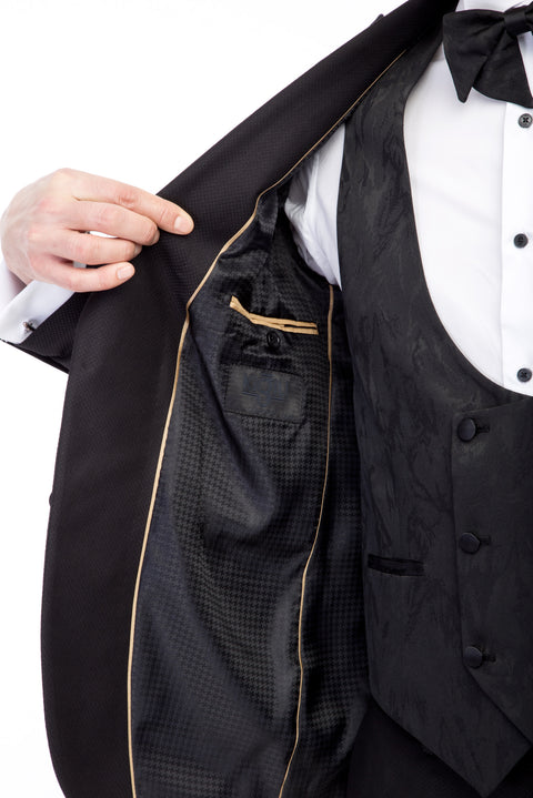 Siyah 7 Drop Slim Fit Dar Kesim Sivri Yaka Desenli Yelekli Smokin & Damatlık