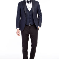 Lacivert Slim Fit Dar Kesim Mono Yaka Desenli Yelekli Smokin / Damatlık