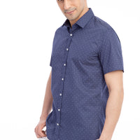 Lacivert Kısa Kol Slim Fit Dar Kesim Desenli Pamuk Gömlek