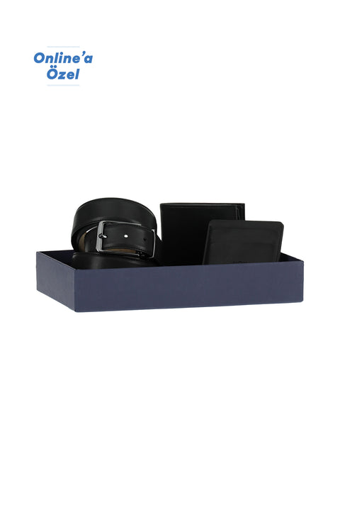 Black Plain 3-Piece Belt & Wallet & Card Holder Set in Gift Box