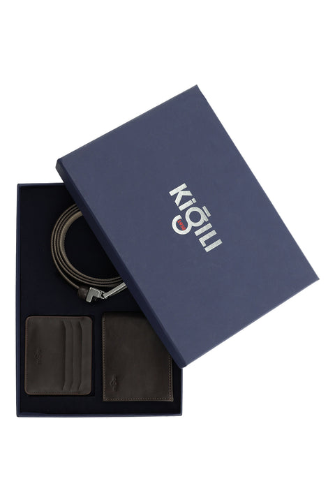 Kahve Desenli 3'lü Kemer & Cüzdan & Kartlık Hediye Kutulu Set