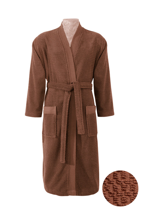 Sarı Kimono Yaka Tarçın Jakarlı Pamuk Bornoz